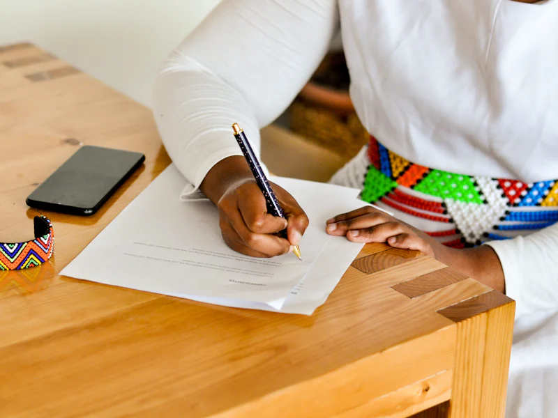 A woman writing on a sheet of paper at a wooden table